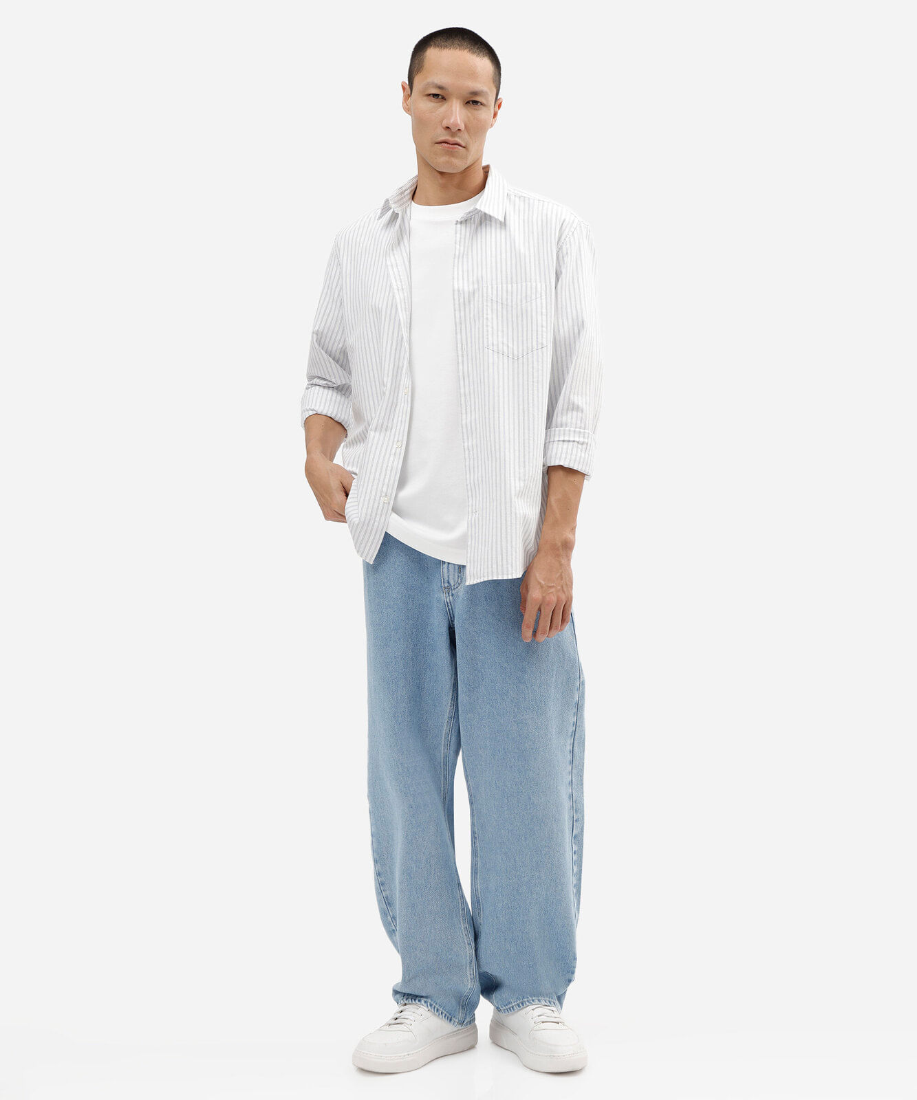 camisa masculina de algodão manga longa listrada azul