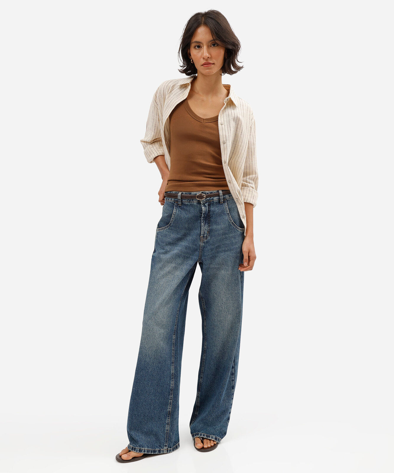 calça wide leg oversized jeans cintura média azul