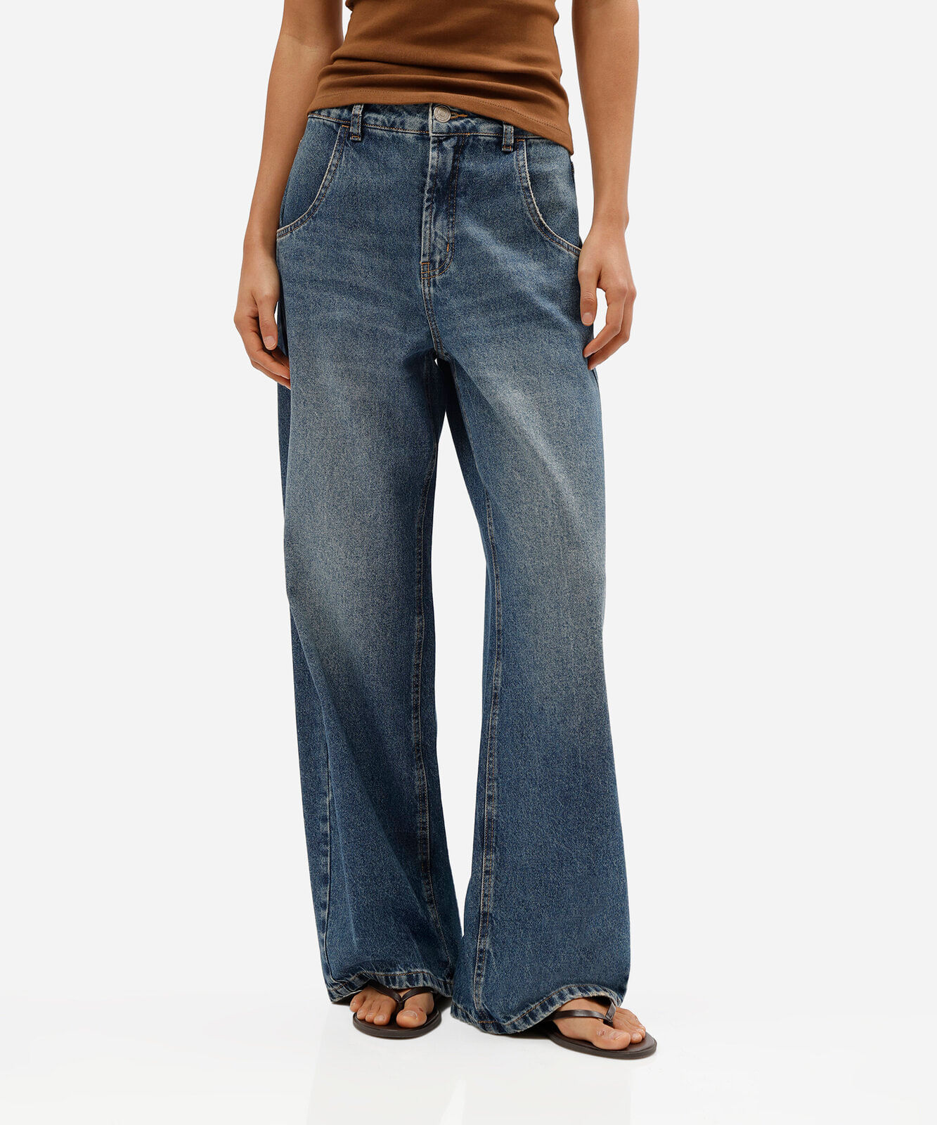 calça wide leg oversized jeans cintura média azul