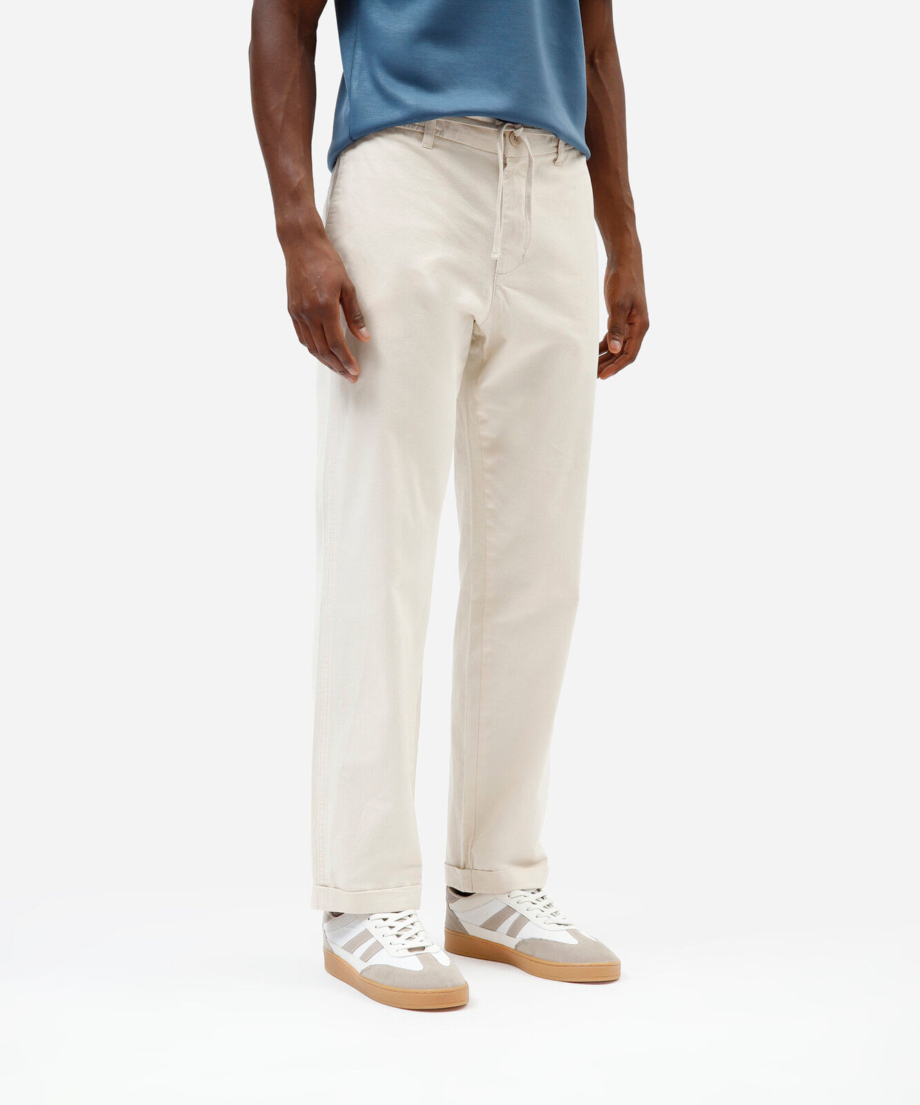 calça reta masculina de sarja cós elástico bege