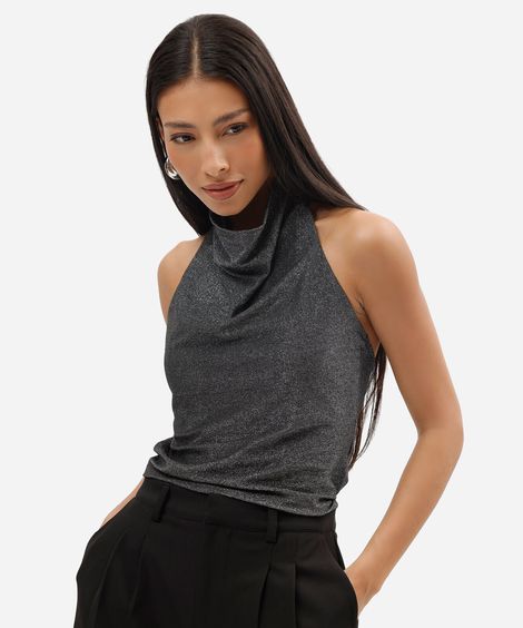 blusa frente única feminina com lurex preta