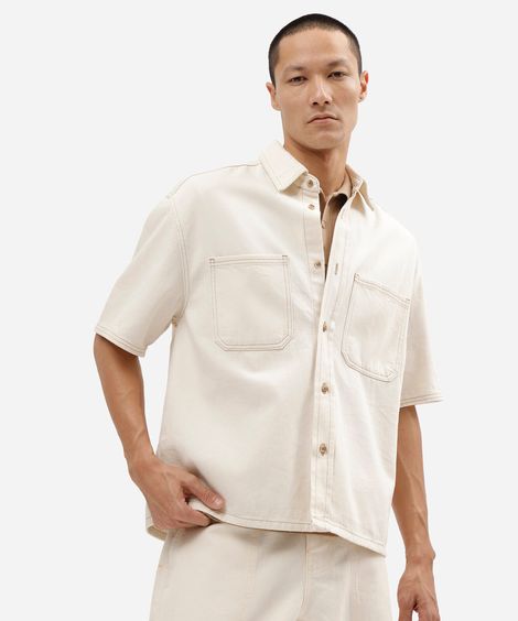 camisa box fit masculina de sarja com bolsos off white