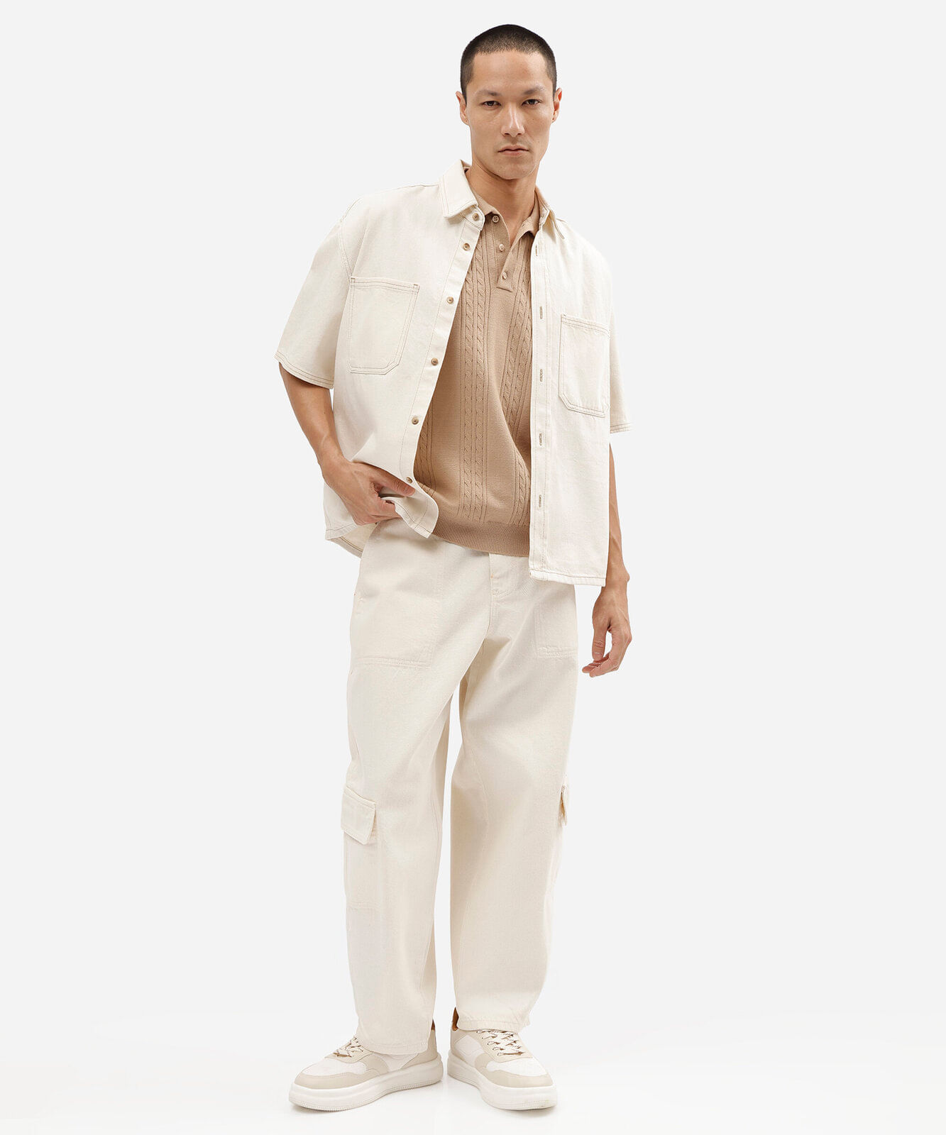 camisa box fit masculina de sarja com bolsos off white