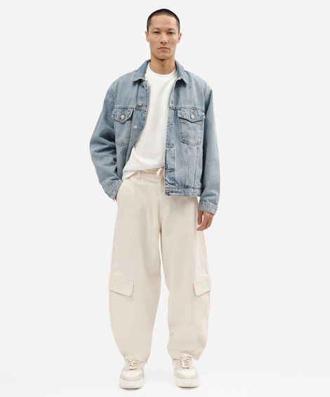 calça barrel cargo masculina de sarja com cordão off white
