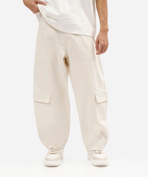 calça barrel cargo masculina de sarja com cordão off white