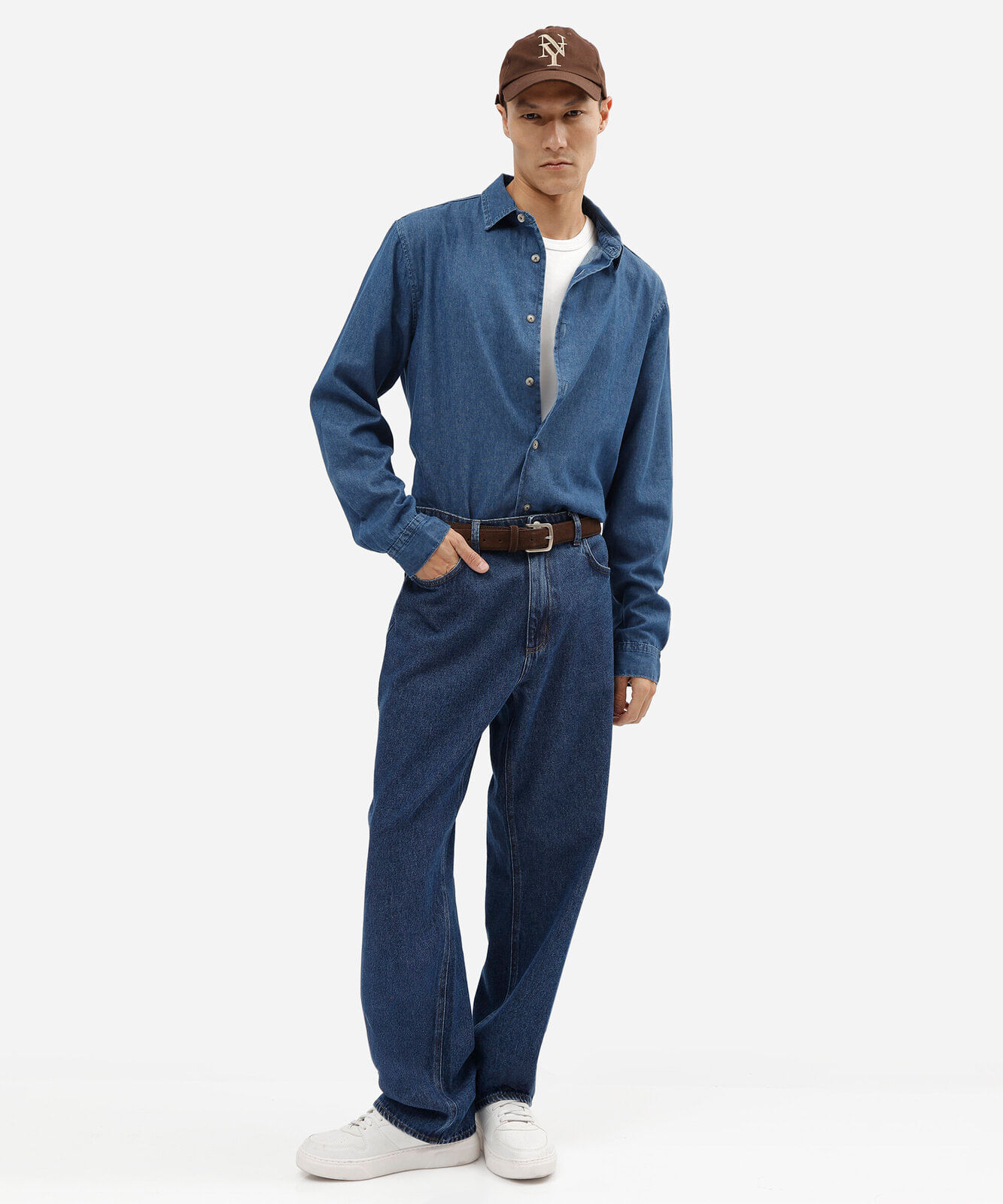camisa masculina jeans manga longa azul
