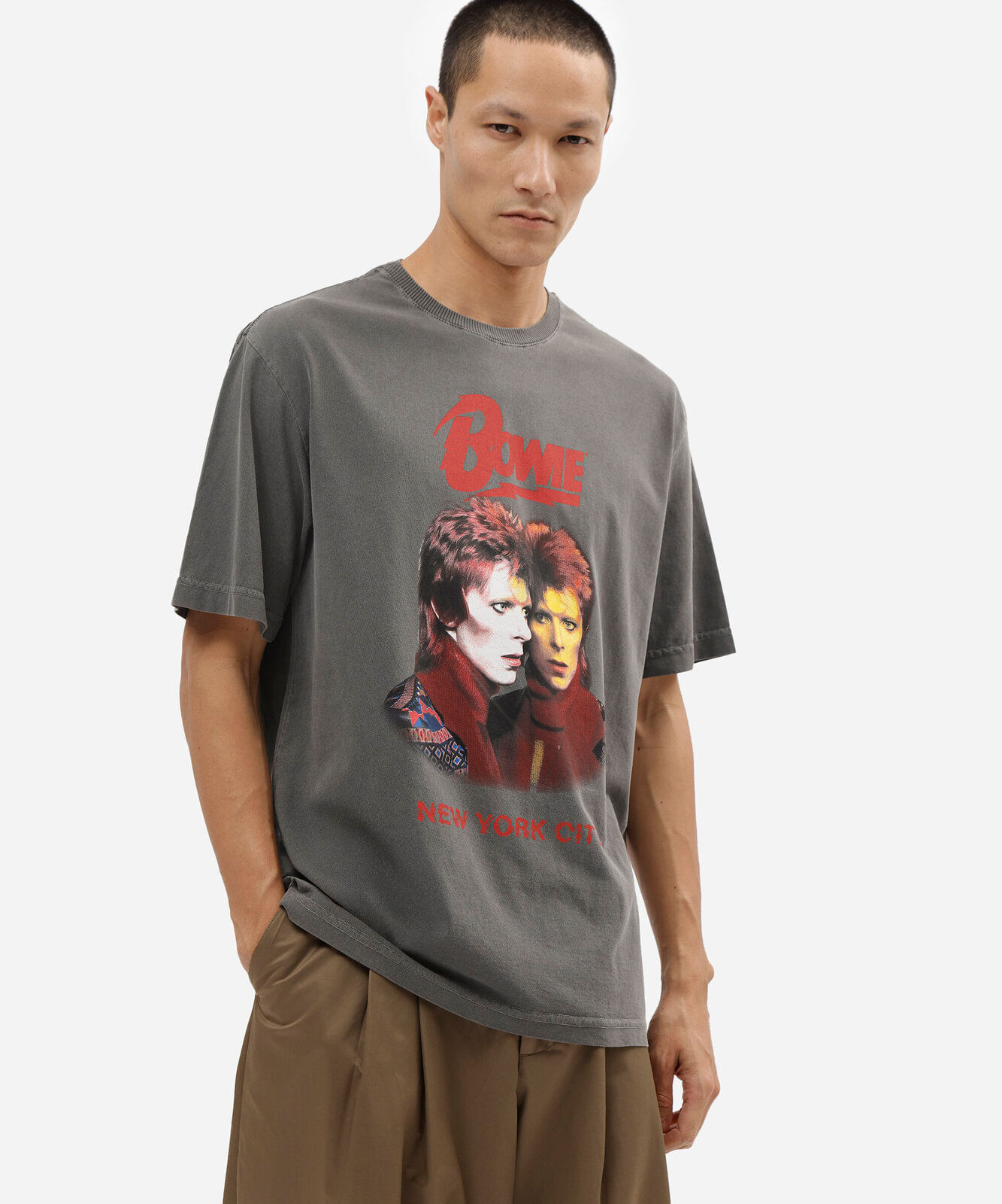 camiseta masculina de algodão manga curta estonada david bowie cinza