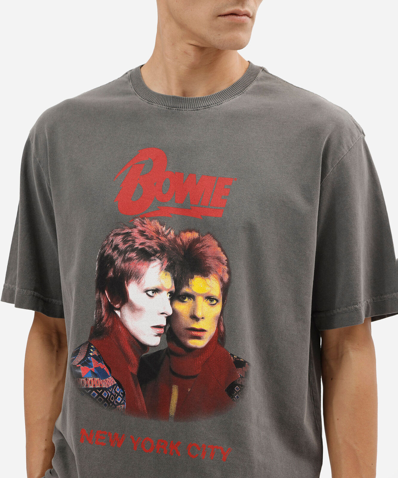 camiseta masculina de algodão manga curta estonada david bowie cinza