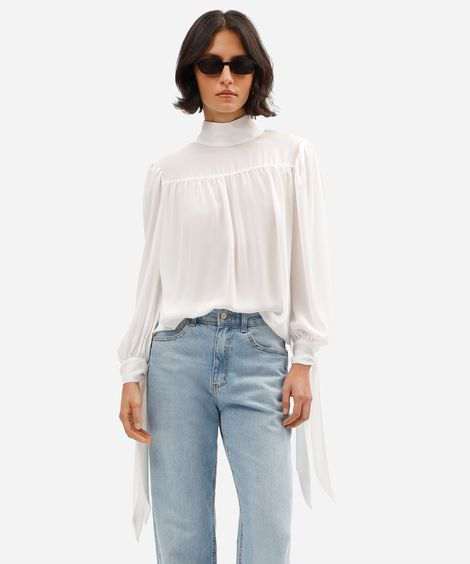 blusa feminina gola alta manga longa com amarração off white