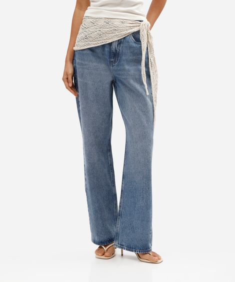 calça wide leg feminina jeans cintura alta azul