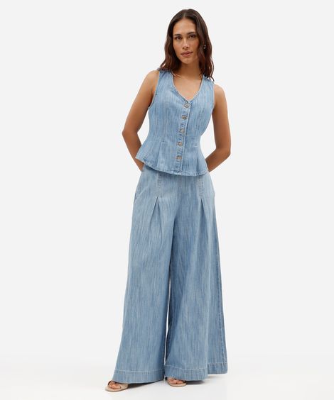 calça ultra wide leg feminina jeans com pregas cintura alta azul