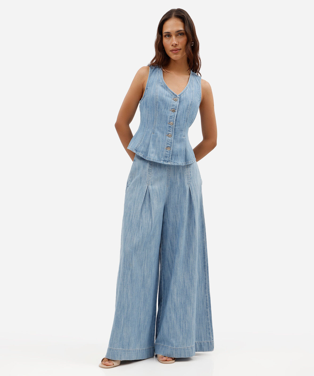 calça ultra wide leg feminina jeans com pregas cintura alta azul