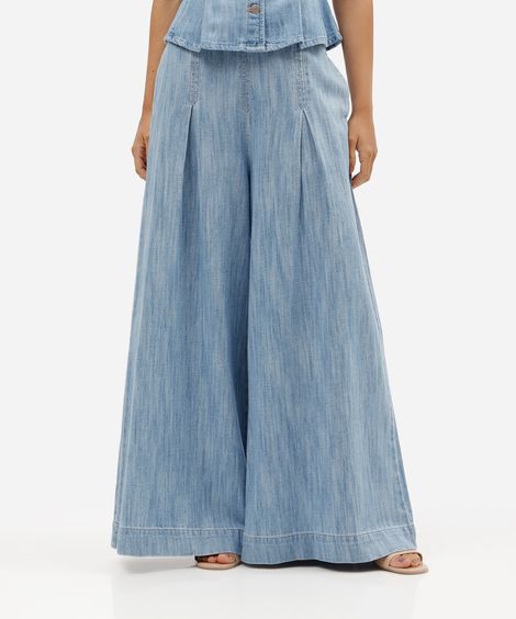 calça ultra wide leg feminina jeans com pregas cintura alta azul