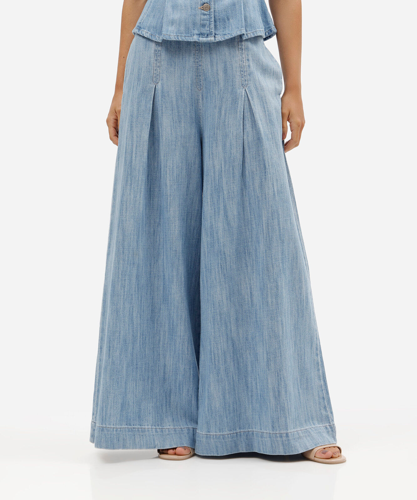 calça ultra wide leg feminina jeans com pregas cintura alta azul