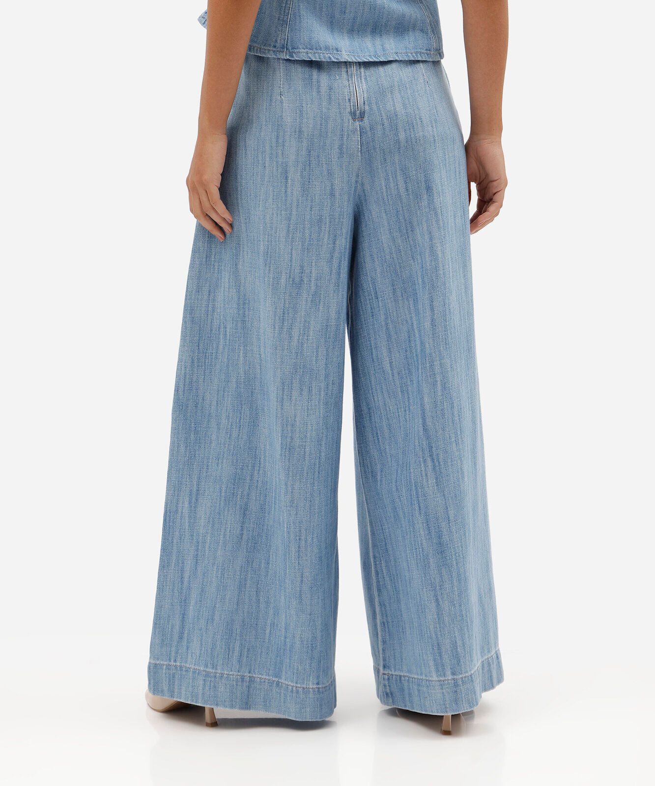 calça ultra wide leg feminina jeans com pregas cintura alta azul