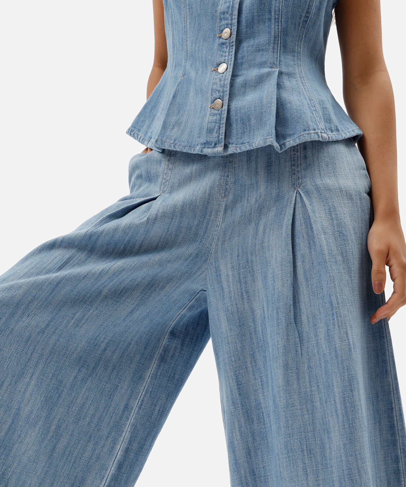 calça ultra wide leg feminina jeans com pregas cintura alta azul