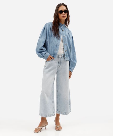 calça pantacourt feminina jeans cintura média azul