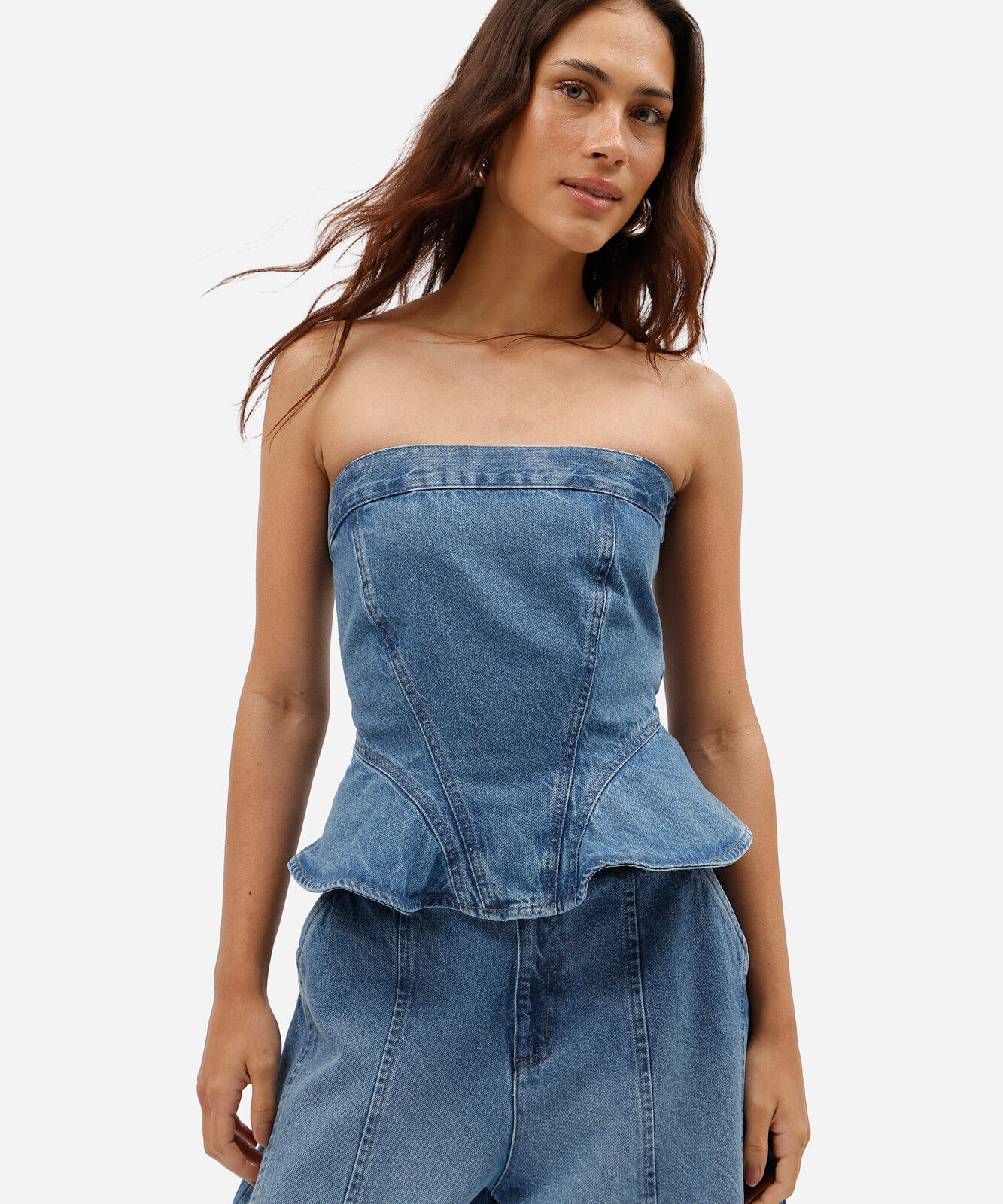 blusa peplum feminina jeans sem alça azul