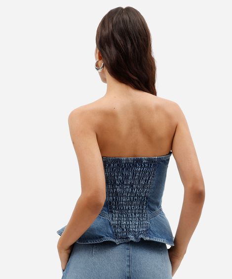 blusa peplum feminina jeans sem alça azul