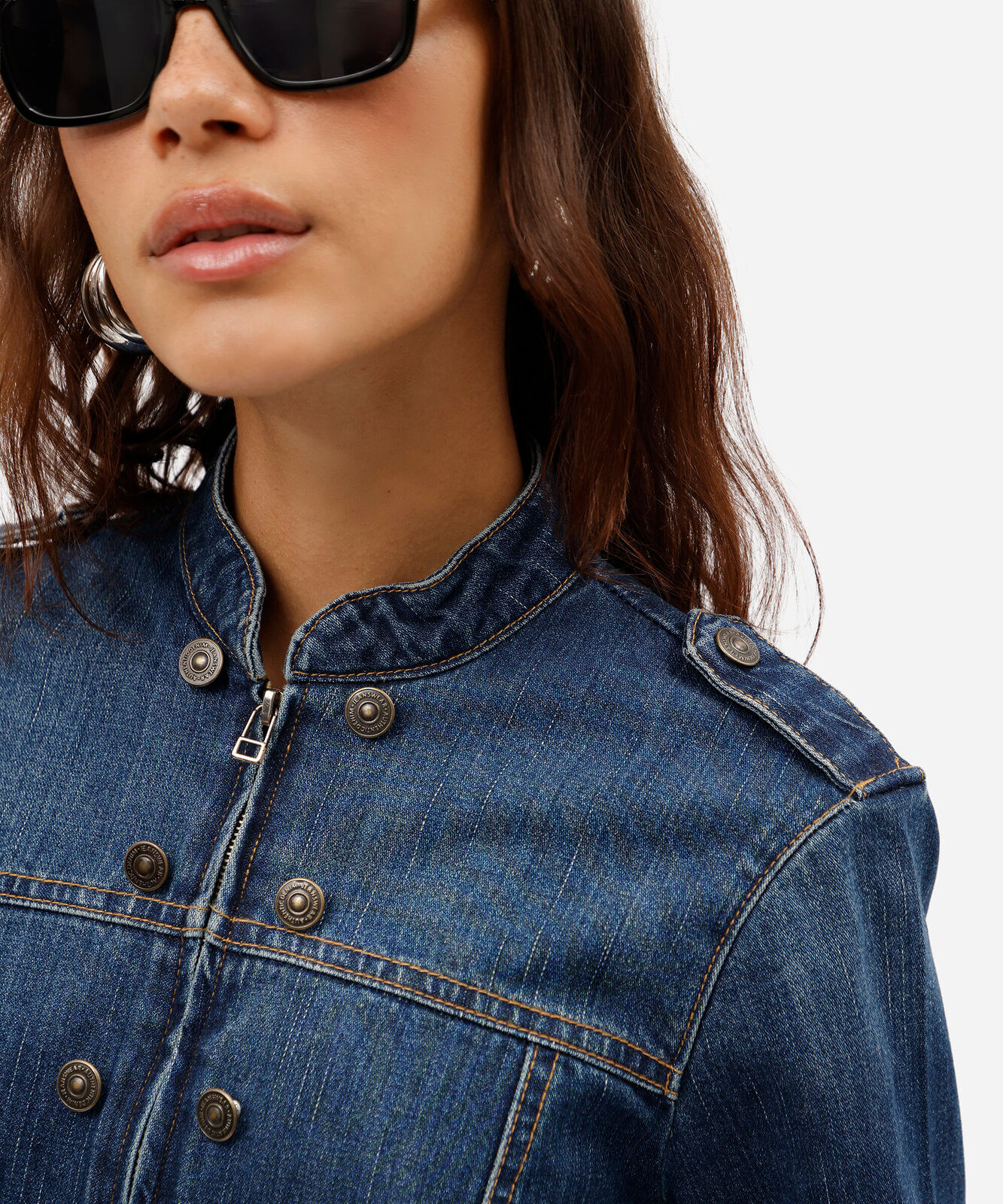 jaqueta feminina jeans militar azul