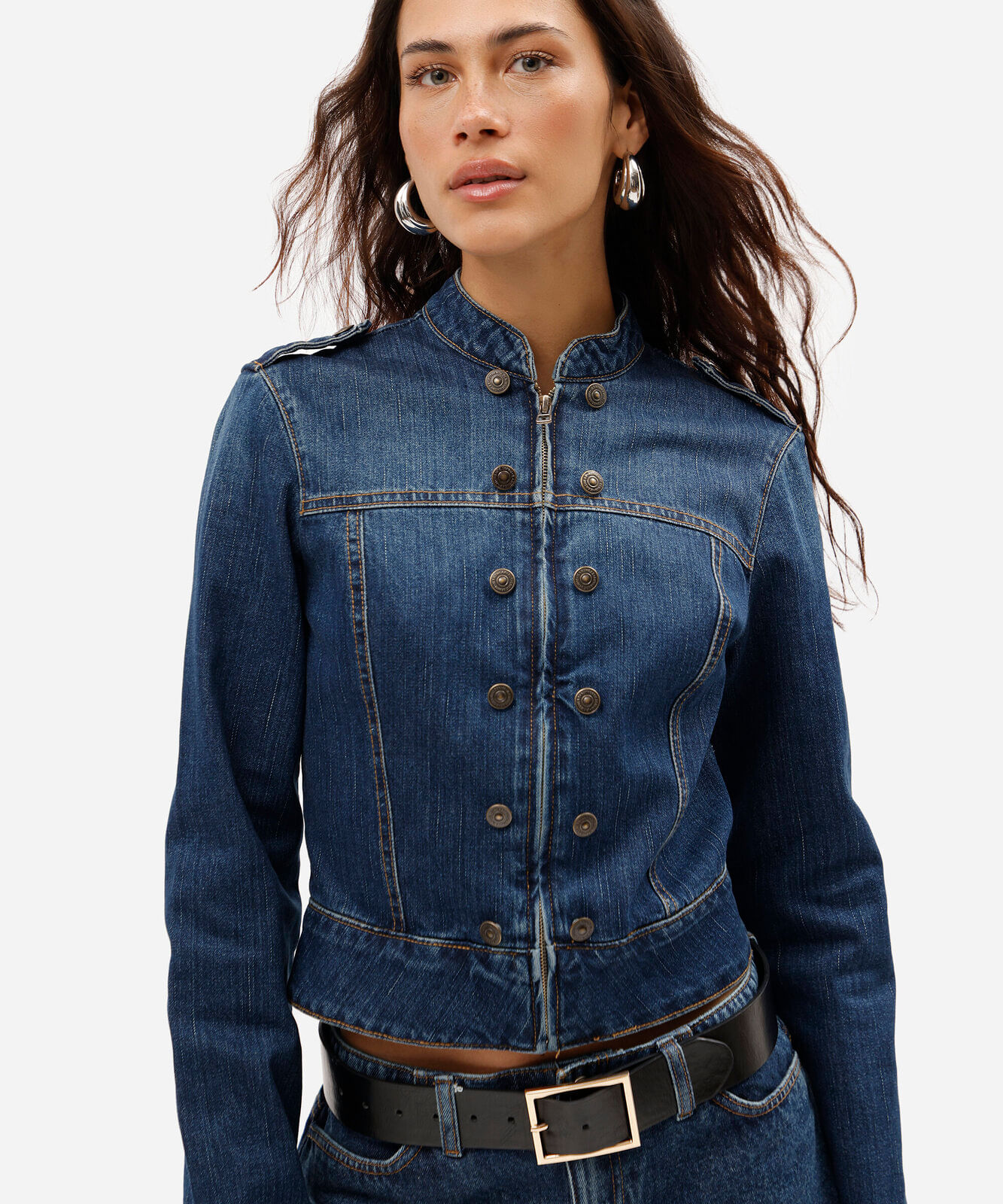jaqueta feminina jeans militar azul