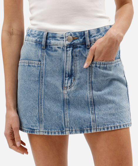 short saia feminino jeans cintura alta recortes frontais azul