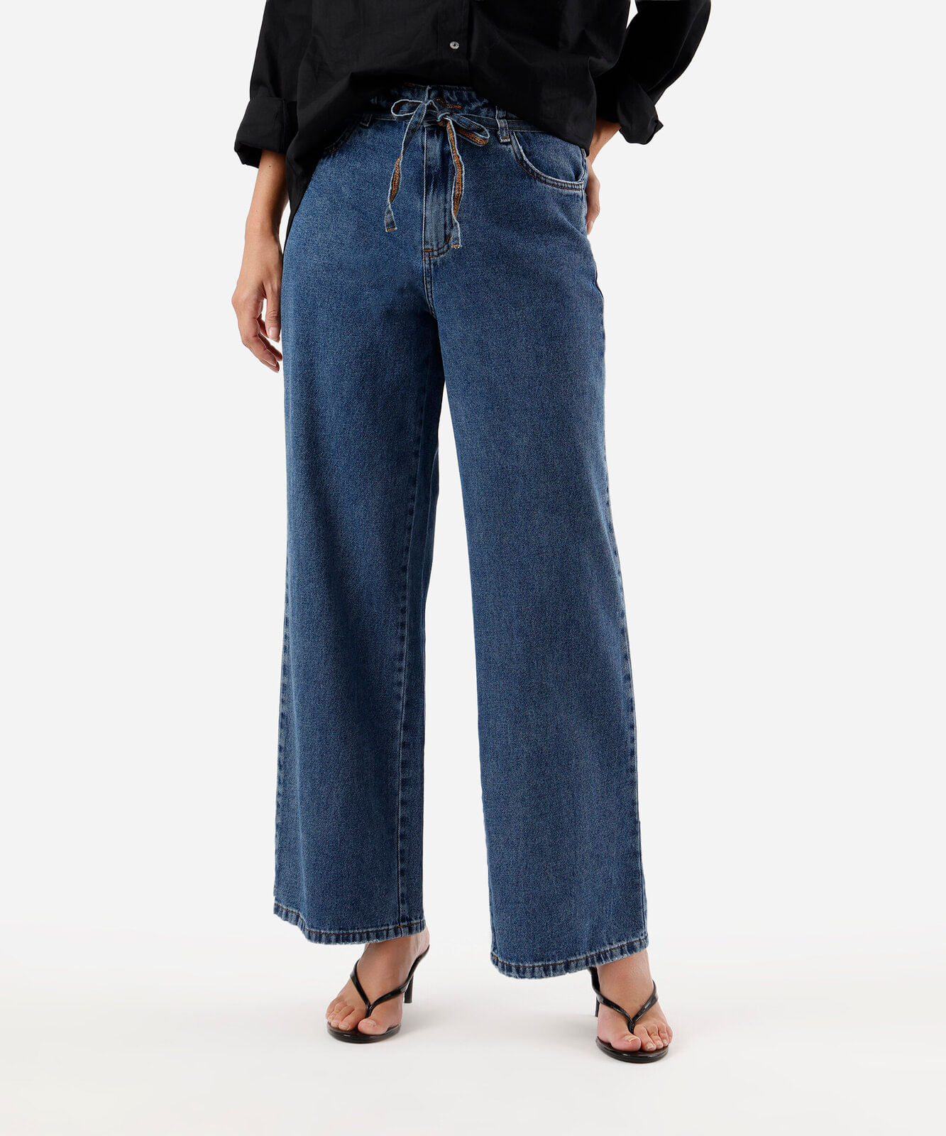 calça wide leg petit feminina jeans com cordão sawary azul