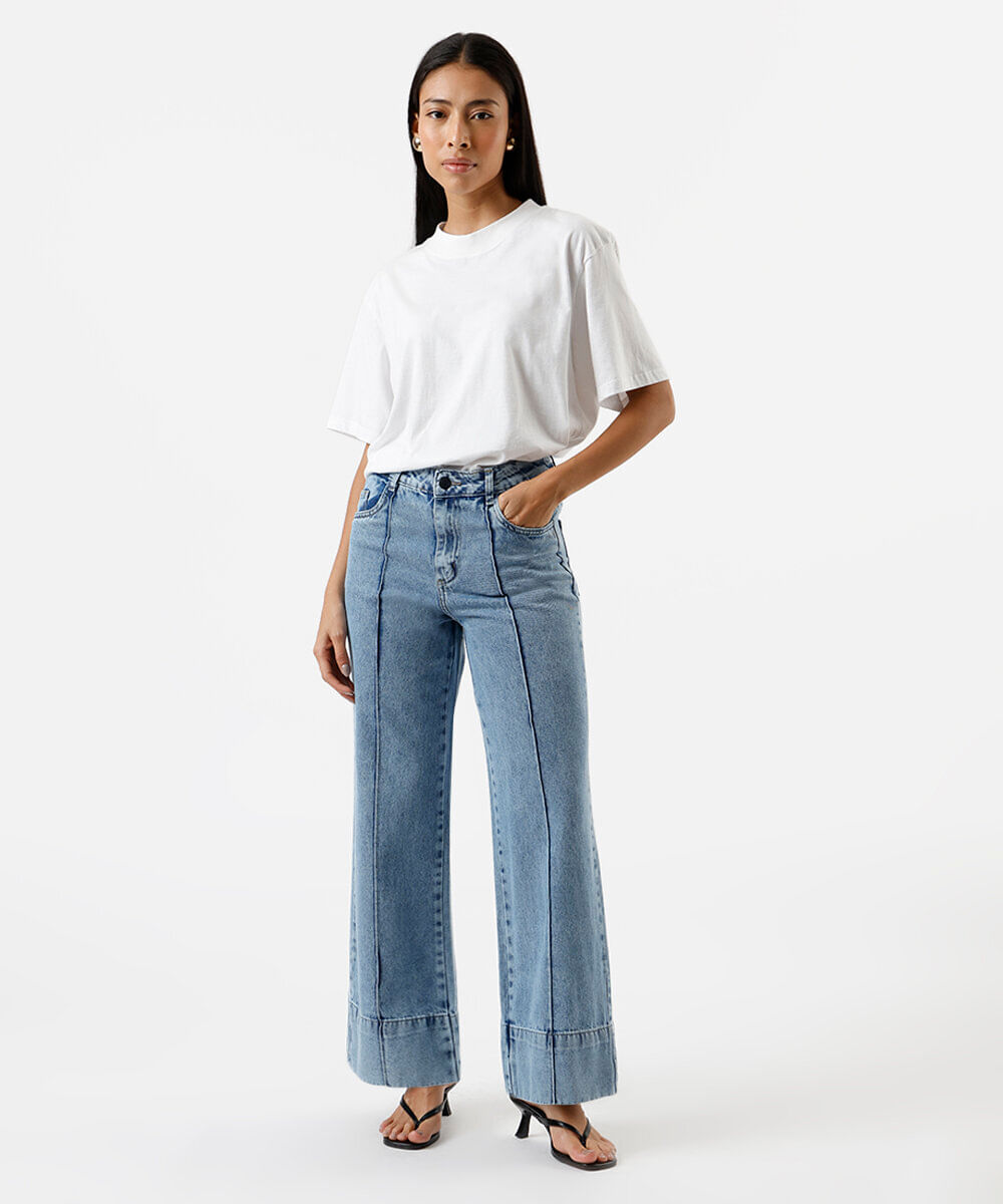 calça wide leg petit jeans com nervura sawary azul