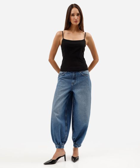 calça balonê feminina jeans cintura média azul