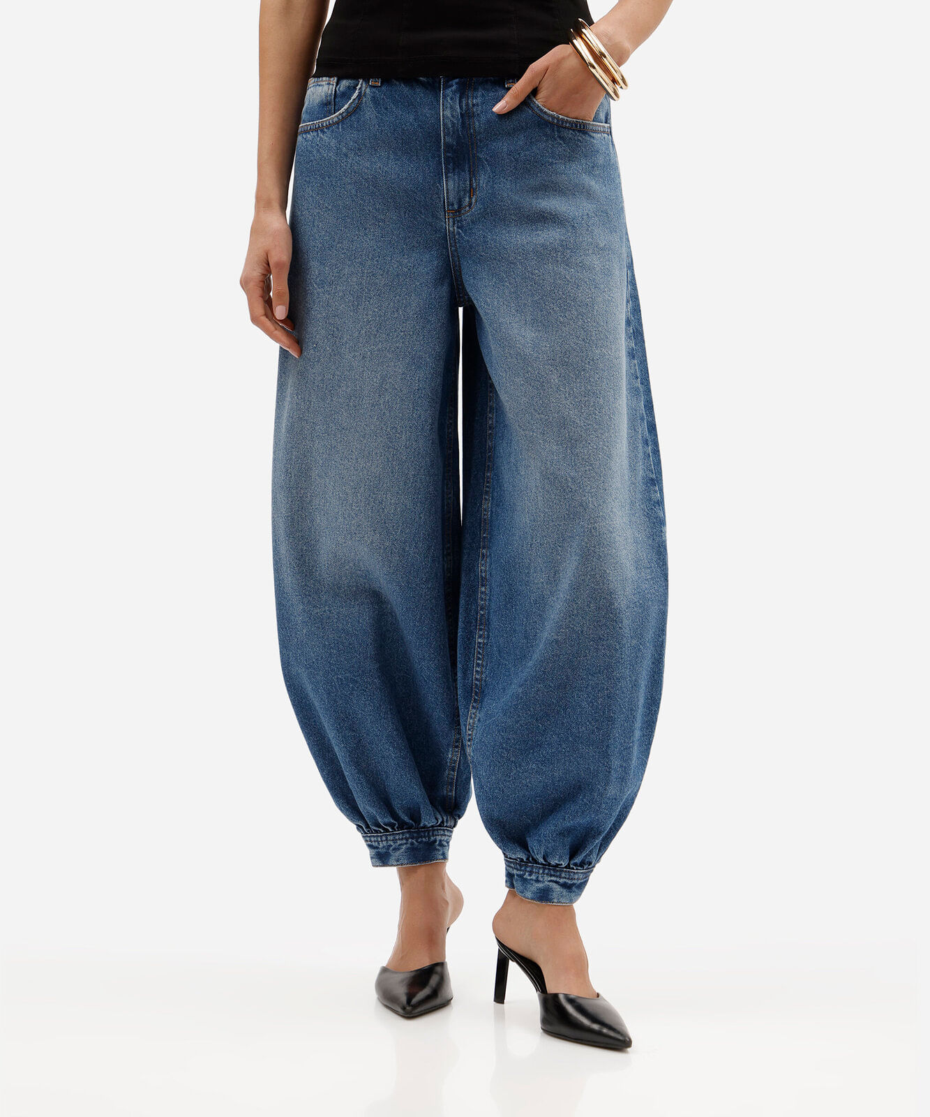 calça balonê feminina jeans cintura média azul