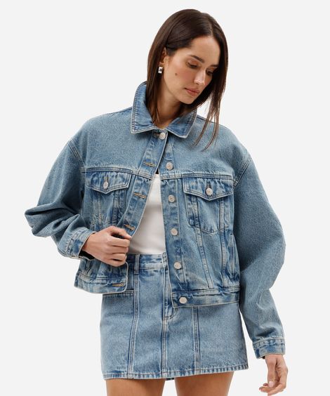 jaqueta feminina jeans bordada rock in rio azul
