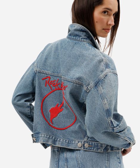 jaqueta feminina jeans bordada rock in rio azul