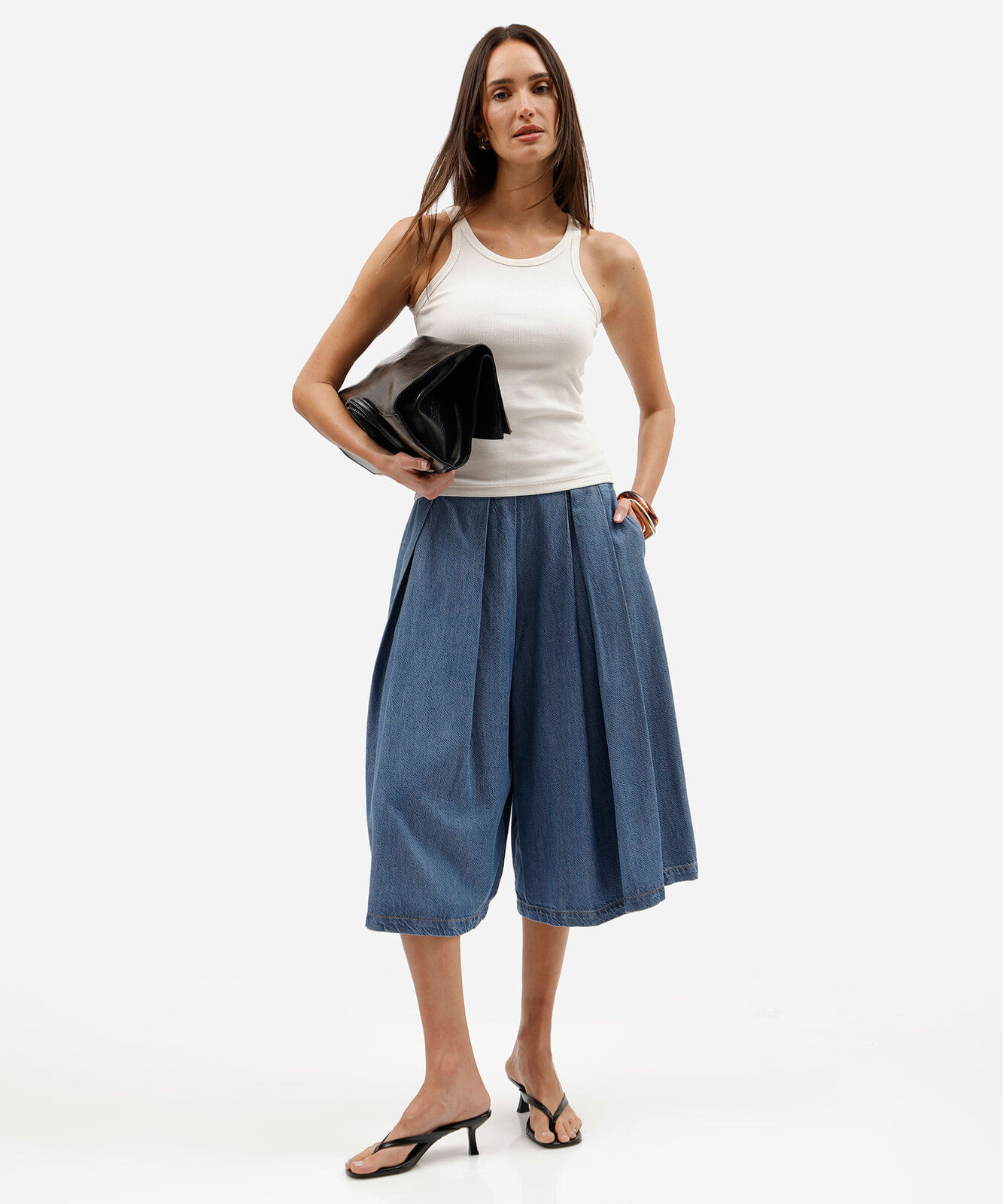 bermuda maxi jorts feminina jeans com pregas cintura alta azul