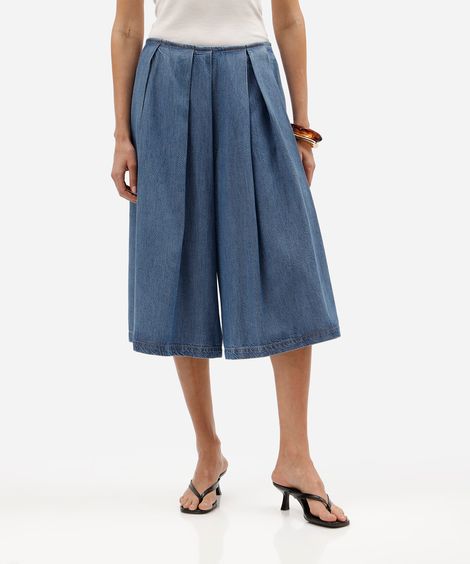 bermuda maxi jorts feminina jeans com pregas cintura alta azul