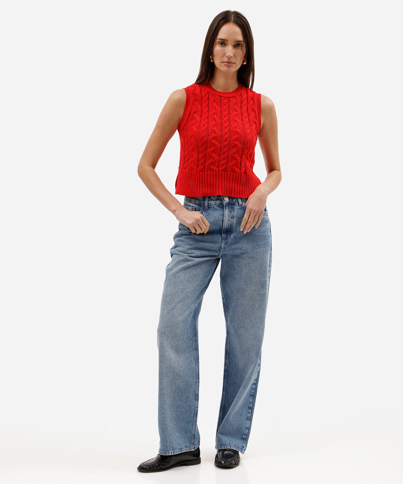 colete feminino de tricot trançado vermelho