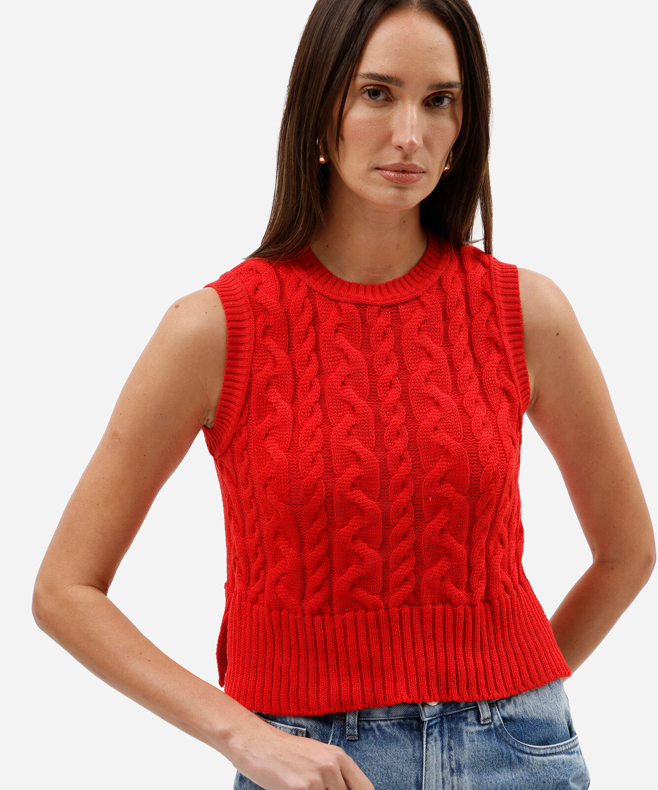 colete feminino de tricot trançado vermelho