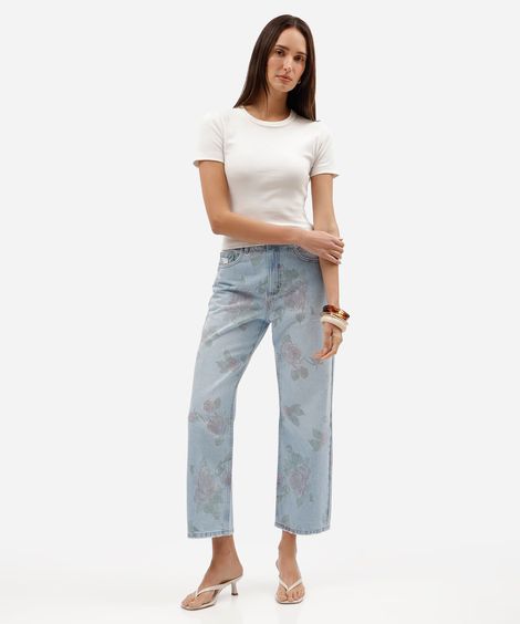 calça wide leg slim cropped feminina jeans cintura alta floral azul