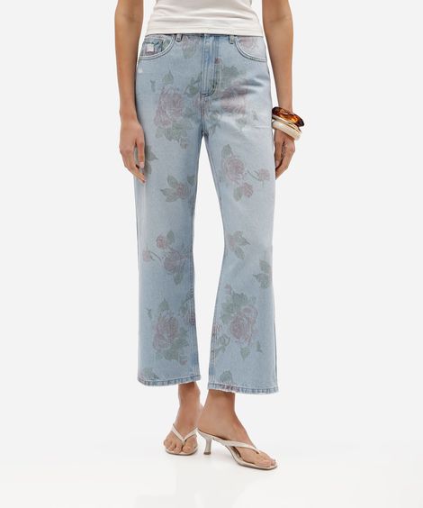 calça wide leg slim cropped feminina jeans cintura alta floral azul