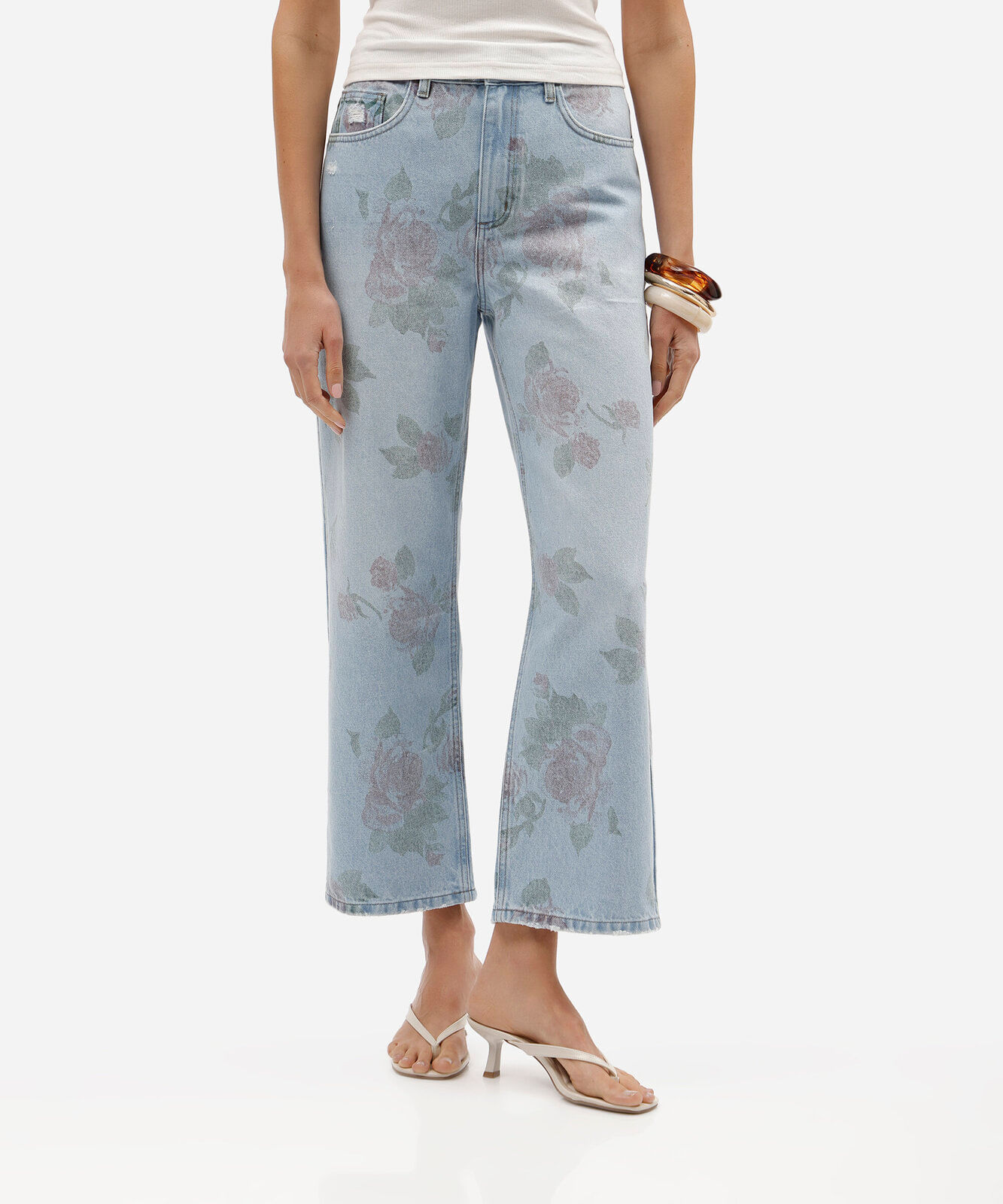 calça wide leg slim cropped feminina jeans cintura alta floral azul
