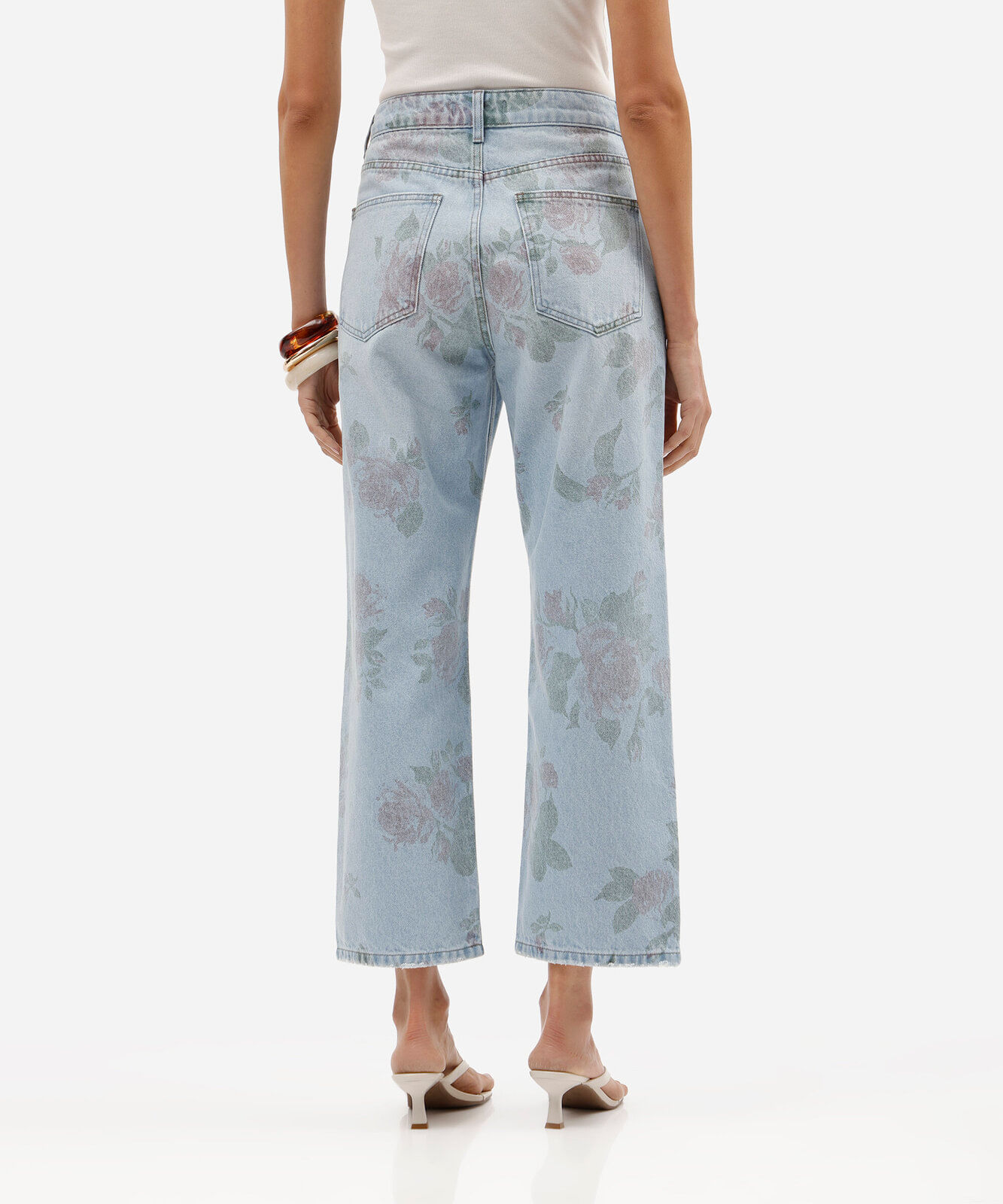 calça wide leg slim cropped feminina jeans cintura alta floral azul