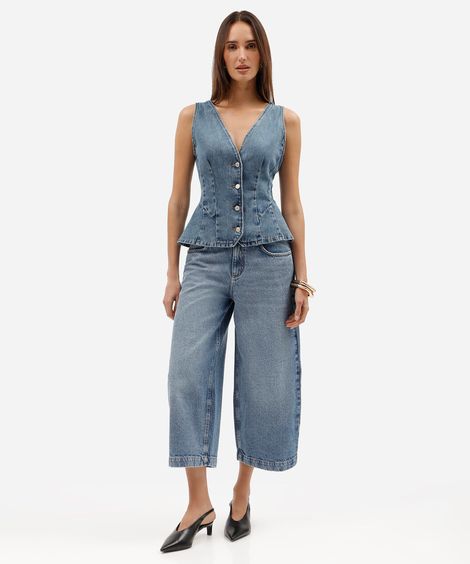calça pantacourt feminina jeans cintura média azul