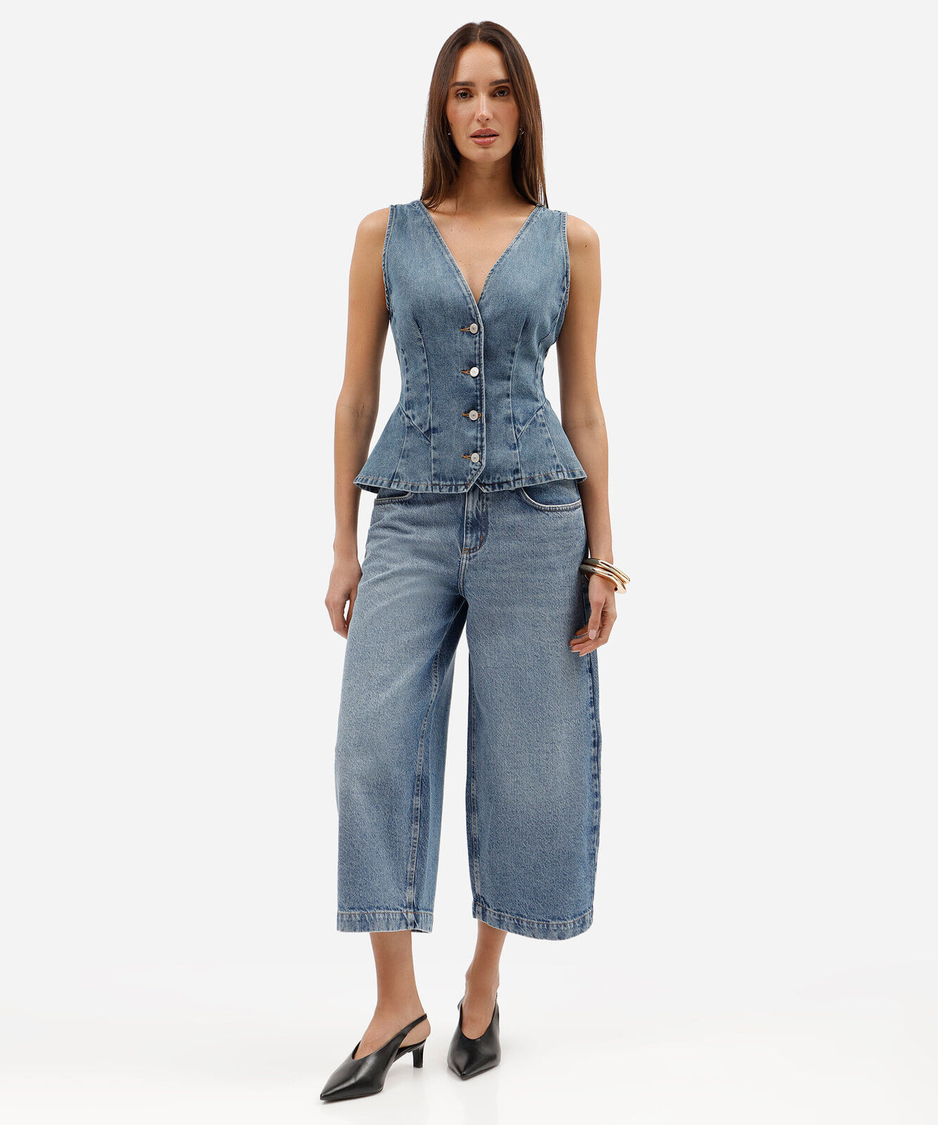 calça pantacourt feminina jeans cintura média azul