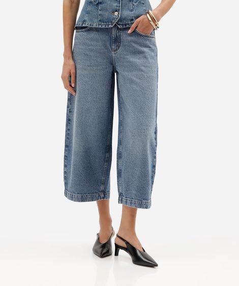 calça pantacourt feminina jeans cintura média azul