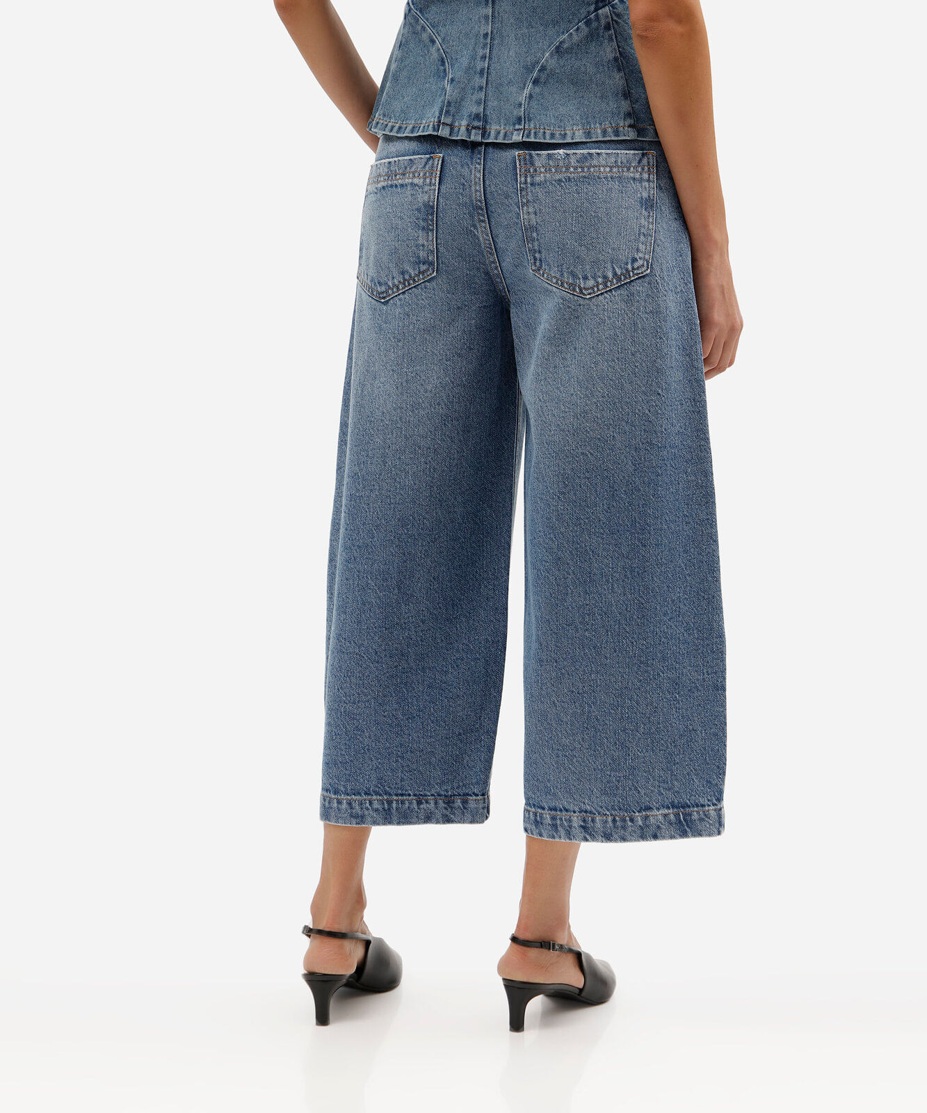 calça pantacourt feminina jeans cintura média azul
