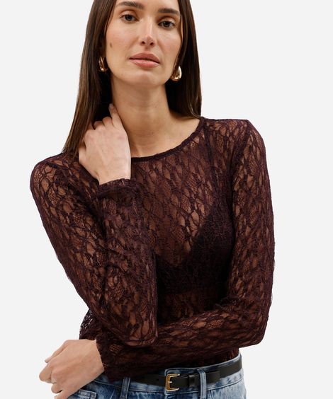 blusa manga longa feminina de renda vinho