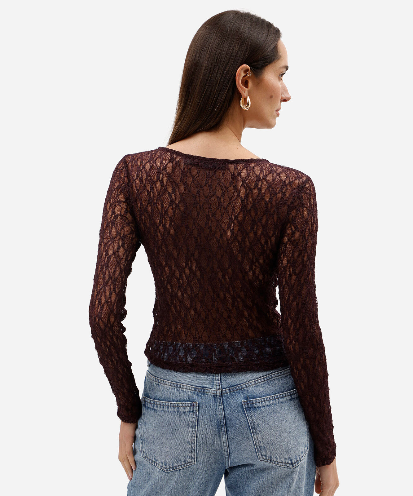 blusa manga longa feminina de renda vinho