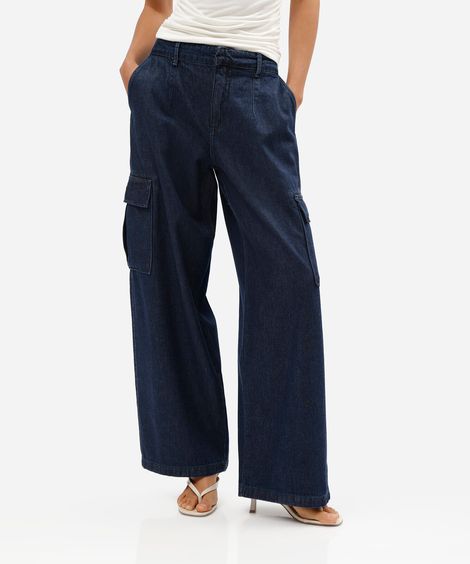 calça skater cargo feminina jeans cintura média azul