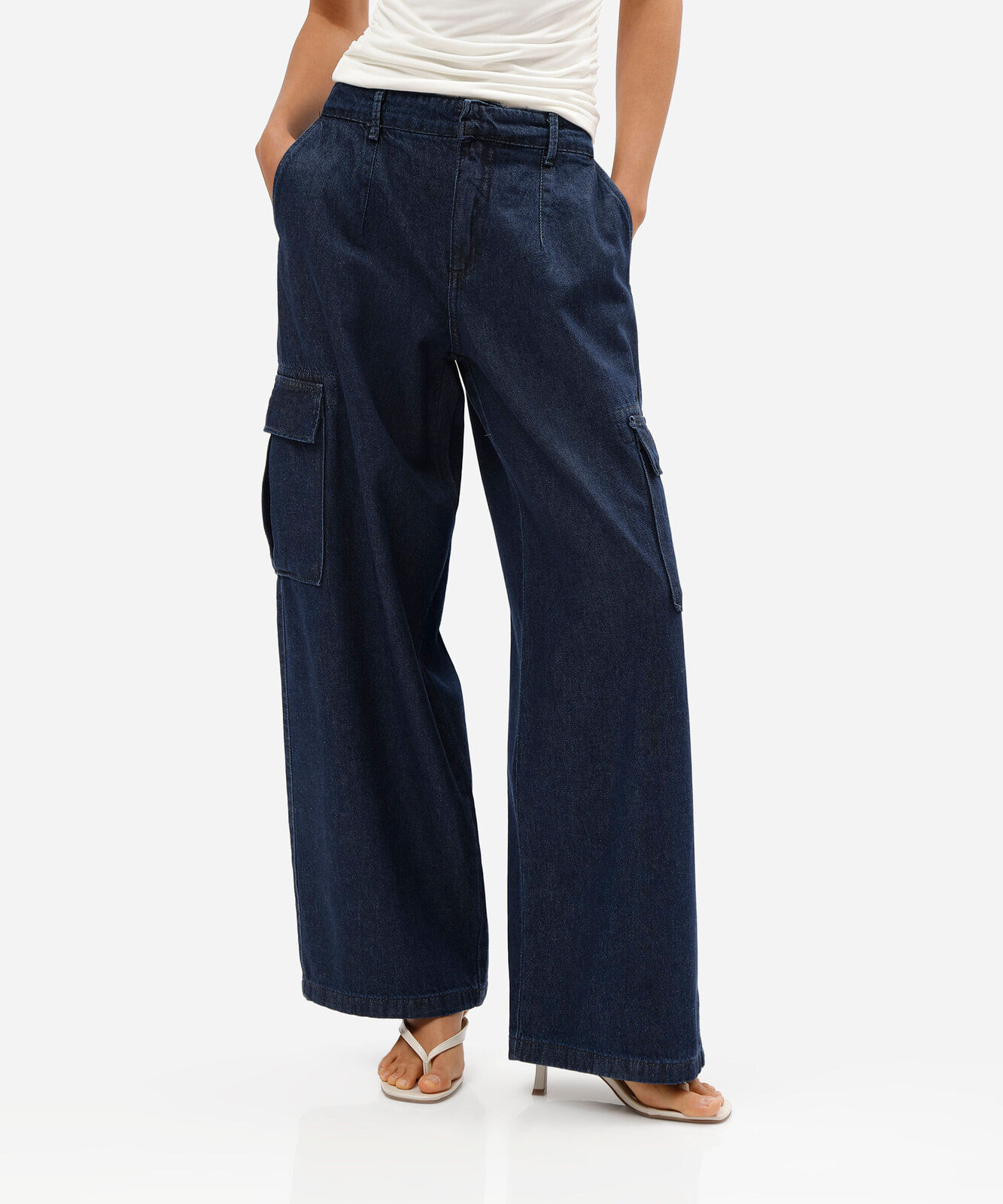 calça skater cargo feminina jeans cintura média azul