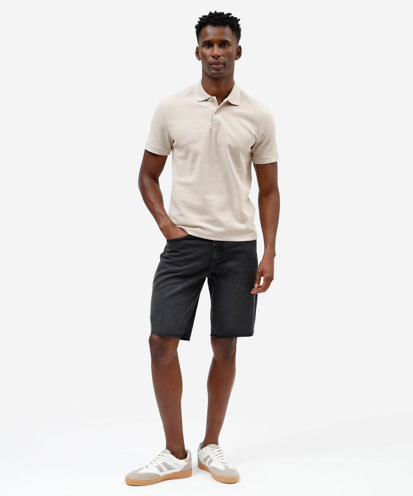 camisa polo slim masculina em malha texturizada bege