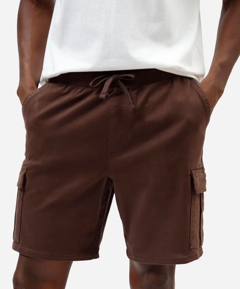 bermuda cargo masculina de sarja cós elástico marrom
